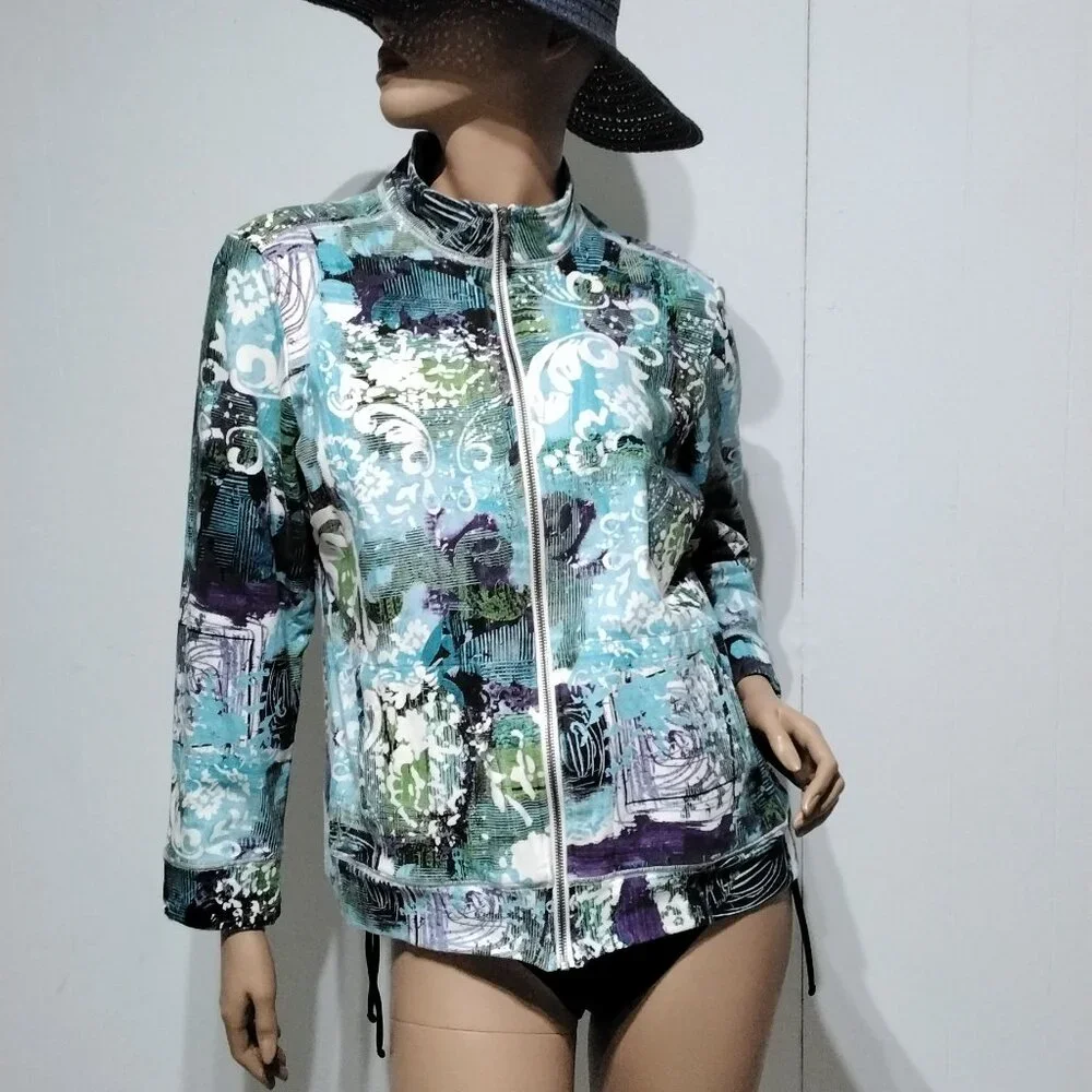 Additions by Chico's Funky Floral Abstract multi-color Zip Light Jacket Size 2 - Picture 2 of 16